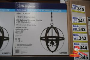 344 · WESTINGHOUSE 3 LIGHT CHANDELIER, OIL RUBBED BRONZE FINISH WITH HIGHLIGHTS, HEIGHT: 17.28", DIAMETER: 15.04", CHAIN: 36", WIRE: 36", CODE: 63418535