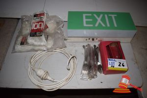 26 · Lot of Assorted Sundry Items Including As New Illuminated Exit Sign, 3 x 30 Metre Rolls Of 4mm Rope etc