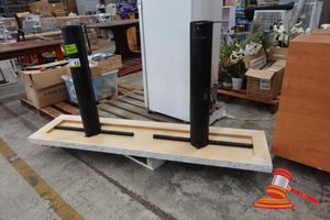 13 · WHITE MARBLE LOOKALIKE FLOOR MOUNTABLE BENCHTOP WITH BLACK METAL LEGS, APPROX; 1.9M W X 440MM D X 870MM H, SOME MARKS