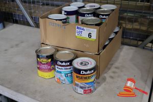 6 · APPROX 23 X TINS OF PAINT AND STAIN, INCLUDES: DULUX WEATHERSHIELD, DULUX WASH&WEAR PLUS, CABOT'S GARDEN FURNITURE OIL, IN 2 BOXES