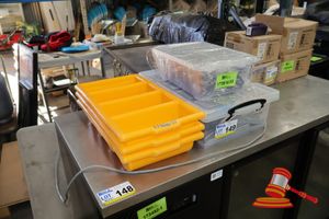 3 X YELLOW PLASTIC SORTING TRAYS, 4 COMPARTMENT, 2 X CLEAR PLASTIC TUB WITH CUTLERY, KNIVES, FORKS, SPOONS