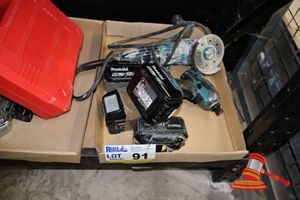 91 · 1 X MAKITA CORDLESS IMPACT WRENCH, MODEL: DTD 146. 1 X MAKITA ANGLE GRINDER WITH CUTTING DISC . 3 X MAKITA BATTERIES.
