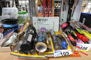 1 X Kings Recovery Folding Shovel, , Ridge Ryder Upholstery Cleaning Cleaner, 4 X Torches Various Types Including Led Work Light, Flashlight (Untested)