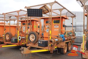 14 · 2016 BORE PUMP TRAILER TANDEM AXLE, WITH BORE PUMP CONTROL PANEL, BORE PUMP STARTER PANEL, 26-92KW, LENGTHS OF HOSES, PIPE AND VALVE SECTIONS, 415V, 4x STABILISER LEGS- 1x UNIT AND FOOT PAD REMOVED, TYRES LOOSING AIR PRESSURE, 2x SOLAR PANELS FITTED, RING HITCH- 7 OIN LG TRAILER PLUG. NO VIN PLATE, NO FRONT WHEEL STAND, 1x SPARE TYRE. ( ASSET# TA1049 )