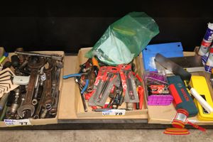Tray Of Assorted Tools Including Pliers, Adjustable Wrenches, Locking Pliers, Impact Nut Setters, Ryobi Cordless Drill/Driver, No Battry (Drill Body Very Sticky) & Spanners