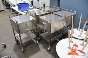 5 X STAINLESS STEEL MEDICAL / PROCEDURAL TROLLEY, 2 DRAWER WITH RAISED EDGES, ON CASTORS (SOME MARKS)(WITH SOME MEDICAL SUPPLIES)