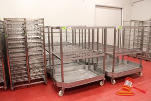 81 · 3 X STAINLESS STEEL 2 TIER MOBILE HANGING/DRYING TROLLEYS WITH HOOKS. APPROX 1410 X 1020 X H 600MM