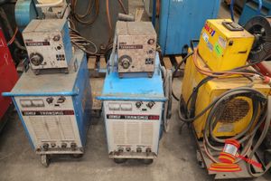 14 · 1 X CIGWELD TRANSMIG 400 MIG WELDER WITH SEPARATE WIRE FEED UNIT, TRANSMIG 4R, PART NO:704686, SN:M04091001006, 3 PHASE, UNTESTED (SOME MARKS / RUST) APPROX; 930MM D X 350MM W X 1M H, ON A TROLLEY