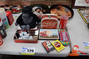 329 · BUNDLE WITH COCA-COLA PLUSH TOY, GLASS, PLAYING CARDS ETC