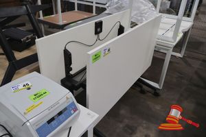 2 X WHITE TABLE WITH BLACK LEGS, TABLE TOP FLIPS TO EITHER SIDE (SOME MARKS) APPROX 800 x 1500mm