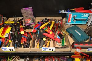 Tray Of Assorted Tools Including Pliers, Screwdrivers, Milwaukee Hex Shank Driver Bits & Nut Drivers, Ratchet Podger Spanner & Snipping Tools