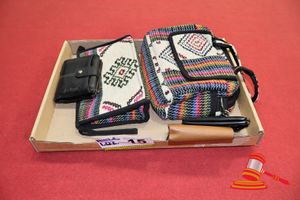 1 X Woven Textile Shoulder Bag With Geometric Pattern, Black Leather Trim, 1 X Matching Zippered Pouch With Floral Design, 3 X Wallets, Includes: 1 X Baellerry Black Wallet, 1 X Black Louis Vuitton Wallet With Embossed Logo Pattern, 1 X Tan Longchamp Textured Wallet With Metal Clasp Authenticity Unverified
