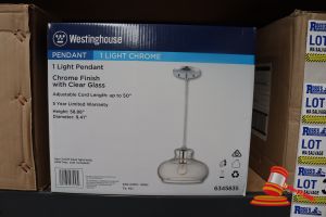 301 · WESTINGHOUSE LIGHT PENDANT, CHROME FINISH WITH CLEAR GLASS, ADJUSTABLE CORD LENGTH UP TO 50", HEIGHT: 58.88", DIAMETER: 9.41", CODE: 6345835