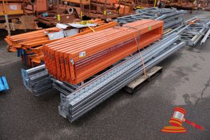 6 X Steel Pallet Racking Uprights, Approx; 4.5m L X 940mm W, Approx 16 X Steel Pallet Racking Cross Beams, Approx; 2.8m L, Some Marks, On A Pallet