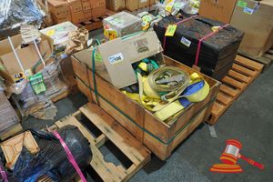 106 · CRATE OF ASSORTED RIGGING EQUIPMENT INCLUDING ASSORTED SLINGS AND RATCHET STRAPS. INCLUDES 1 AND 2 TONNE SLINGS, 2x 5 TONNE RATCHET STRAPS, ASSORTED SMALLER STRAPS, HARNESS, D.O.M. 11/15, HARNESS D.O.M. 8/22, S/N- E004010089CD14C0, 2 LEG FALL ARREST STRAP D.O.M. 9/19, 2 LEG FALL ARREST STRAP D.O.M. 11/15.
