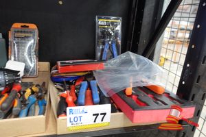77 · TRAY OF MIXED ELECTRICAL TOOLS AND CRIMPERS, INCLUDES: TOLEDO RATCHET CRIMPING PLIERS MODEL: 302021, KLEIN TOOLS SELF-ADJUSTING WIRE STRIPPER, DAYTONA SCREWDRIVER SET, ASSORTED WIRING ROLLS, VARIOUS PLIERS AND HAND TOOLS, UNTESTED