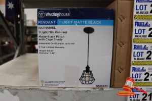 225 · WESTINGHOUSE MINI PENDANT LIGHT, MATTE BLACK FINISH WITH CAGE SHADE, ADJUSTABLE CORD UP TO 50:, HEIGHT: 60.51", DIAMETER: 7.48", CODE: 6105335