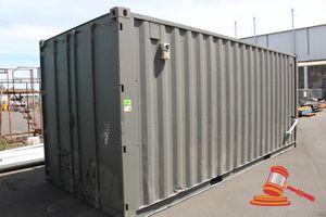 12 · Customised 20FT Container, Fork Pockets, Single Keypad Entry Door, Side Roller Door, Built-In Cupboards with Tiled Bench Top and Sink, Approx: 4650mm x 600mm x 1020mm, and Built-In L-Shaped Tiled Benchtop, Power Outlets, Ceiling Lights. Note: Forklift onsite for Loading or Remove by Tiltray at Buyers Own Expense.