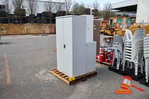 1 X METAL STORAGE CABINET, 2 DOOR, HALF HEIGHT TAMBOUR STYLE & 6FT 2 DOOR