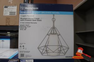 WESTINGHOUSE PENDANT LIGHT, BRUSHED NICKLE FINISH WITH FROSTED OPAL GLASS, HEIGHT: 19.37", DIAMETER: 15.91", CHAIN: 36", WIRE: 36", CODE: 6324535