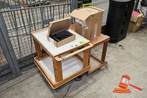 58 · 1 X SMALL COLLAPSIBLE BAG TROLLEY, TWO 2 X WOODEN SERVING CARTS, 1 X ADJUSTABLE HEIGHT BARSTOOL CHROME AND TIMBER