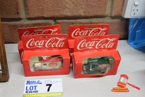 7 · 4 X COCA-COLA BRAND DIE-CAST METAL TOY VEHICLES, INCLUDES: VINTAGE DELIVERY TRUCK, PANEL VAN, FLATBED TRUCK, BOXED (SOME MARKS TO PACKAGING)