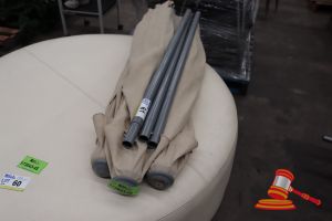 3 X OUTDOOR SHADE UMBRELLAS BEIGE COLOUR ,(3 X POLE EXTENSIONS) VARIOUS CONDITIONS, GENERAL WEAR AND TEAR