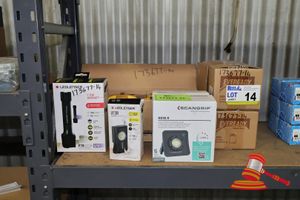 Approx 4 X Dolphin Hybrid Powered Led Torches, 2 X Scangrip Work Lights, Model: Nova R, 2 X Ledlenser Work Lights, Includes: P7r Work Uv, If3r, 2 X Boxes Eveready Heavy Duty Batteries, Model: 509 6v 4r25, Quantity: 6 Per Box, Untested (Boxed)