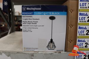 231 · WESTINGHOUSE MINI PENDANT LIGHT, MATTE BLACK FINISH WITH CAGE SHADE, ADJUSTABLE CORD UP TO 50:, HEIGHT: 60.51", DIAMETER: 7.48", CODE: 6105335