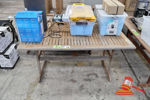 13 · 1 X TIMBER OUTDOOR TABLE, SLATTED TOP, APPROX 1800MM X 750 MM WITH 2 X MATCHING BENCH SEATS ( 1 DAMAGED ) (SOME MARKS)