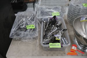 92 · 3 X TUB OF ASSORTED KITCHEN UTENSILS, INCLUDES: FORKS, SPOONS, KNIVES, TONGS, SERVING UTENSILS