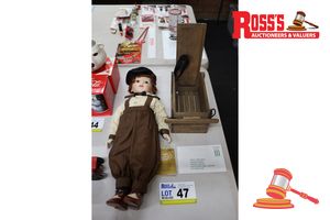 1 X Franklin Heirloom Doll, Porcelain Collector Doll With Brown Checkered Overalls And Black Cap, 1 X Coca-Cola Wooden Crate, Atlanta Ga (Poss Unused)