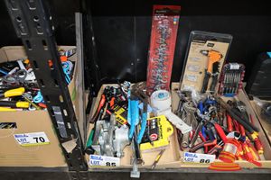 85 · TRAY OF ASSORTED TOOLS INCLUDES: ADJUSTABLE WRENCHES, WIRE STRIPPER, TOOL PRO 13 PIECE 3/8 INCH DRIVE METRIC FLARE NUT CROWS FOOT SPANNER SET, ETC
