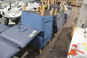 6 X UPHOLSTERED ARMCHAIR, WOODEN LEGS, MAXIMUM LOAD 120KG, (4 X DARK BLUE, 2 X BLUE) (POSS UNUSED)