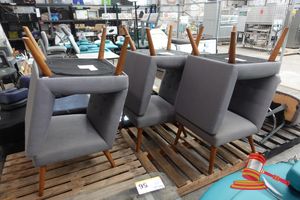52 · 6 X UPHOLSTERED VISITOR CHAIRS, GRAY FABRIC, WOODEN LEGS, APPROX; 590MM D X 550MM W X 820MM H, SOME MARKS, ON PALLETS