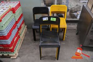 14 · APPROX 18 X STACKABLE CHAIR, PERFORATED METAL SEAT AND BACK, YELLOW AND BLACK FRAMES, (SOME MARKS)