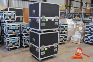 4 · 2 X GIG GEAR AUSTRALIA MOBILE ROAD CASE (BLACK) WITH CUSTOM INTERNAL PARTITIONING. USED FOR STORAGE OF HALO SCREENS. LAMINATED PLYWOOD CONSTRUCTION. CASE DIMENSIONS 780 X 875 X H930MM