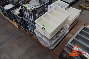 ASSORTED SILVER KNIFES, FORKS AND SPOONS IN 2 PLASTIC TUBS, WITH 4 WHITE CUTLERY HOLDERS, SOME MARKS