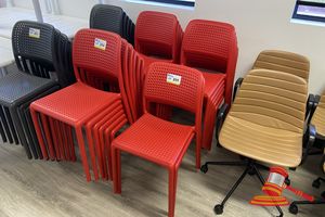205 · 8 X NARDI BORA BISTROT SOLID PLASTIC CAFE CHAIRS. RED. PERFORATED SEAT AND BACKREST