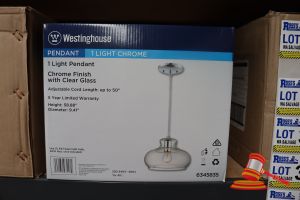 302 · WESTINGHOUSE LIGHT PENDANT, CHROME FINISH WITH CLEAR GLASS, ADJUSTABLE CORD LENGTH UP TO 50", HEIGHT: 58.88", DIAMETER: 9.41", CODE: 6345835
