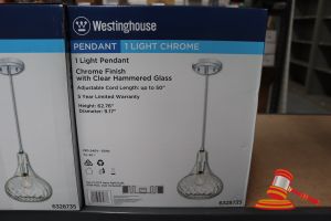 254 · WESTINGHOUSE PENDANT LIGHT, CHROME FINISH WITH CLEAR HAMMERED GLASS, ADJUSTABLE CORD LENGTH UP TO 50", HEIGHT: 62.76", DIAMTER: 9.7", CODE: 6328735