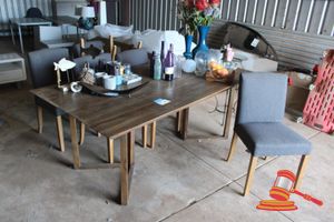 182 · TIMBER GRAIN LOOK DINING TABLE (APPROX 2100 X 1000MM) AND 6 GREY FABRIC PADDED CHAIRS. TABLE MARKED/STAINED