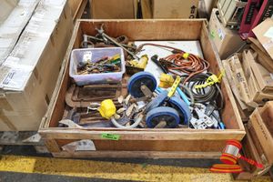 220 · ASSORTED TOOLS, INCLUDES SCREW DRIVERS, CABLE, WRENCHES OF VARIOUS SIZES, CLAMPS, JACK, VARIOUS OTHERS, IN A TIMBER TUB