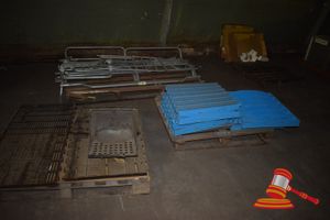 Unused lot of 3 Pallets of Pig Farrowing (Birthing) System with Galvanised Pipe Constructed Birthing enclosure, Feeding/Watering Trough, Slatted PVC Flooring etc