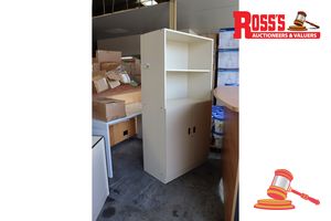 350 · BUNDLE OF FURNITURE INCLUDING: WOODEN CABINET, WOODEN CHEST OF DRAWERS, TABLE, METAL FILING CABINET, COUCH AND METAL SHELVING UNIT