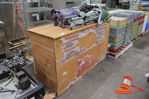 1 X TIMBER COUNTER WITH SHELVING, APPROX; 1.7M W X 60CM D X 1M TALL (SOME MARKS / PAINTED BRICK DESIGN ON FRONT SIDE), 2 X GAZEBOS, USED