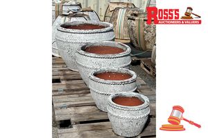 Matching set of 4 Sandstone Planters - Sizes: 85 x 68 cm, 70 x 59 cm, 60 x 48 cm, 49 x 40 cm, RRP $1,910 Create a striking designer display from the Atlantis range, featuring a sandblasted surface and natural Sandstone finish, the graduating sizes create a beautifully coordinated display with an authentic, earthy character. Crafted from traditional clay, these are substantial, very heavy planters with the solid feel and authentic character of traditional pottery. Their weight gives them a ground