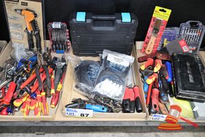 Tray Of Assorted Tools, Including Screwdriver Set In Case , Various Metal Files, Chipping Hammers, 3 Bags Of Cam Buckles, Shifting Spinners Etc