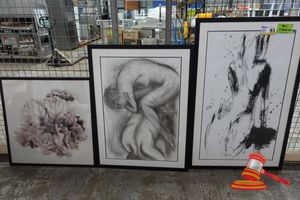3 X FRAMED ARTWORKS, BLACK FRAMES, INCLUDES: FLORAL PRINT, FIGURE STUDY, ABSTRACT BRUSHSTROKE, LARGEST APPROX; 710MM W X 1.2M H, SOME MARKS , 1 HAS A DAMAGED CORNER