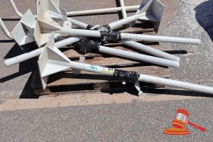 Approx 5 X White Powder Coated Steel Floor Mount Instrument Stand, With Concrete Base Plates, Approx 1.5m Poles (Some Marks / Wear)
